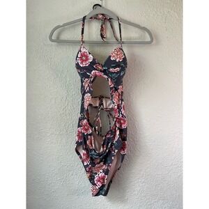 Shade & Shore Floral‎ Print One Piece Swimsuit Tie Cut Out Bathing Suit 38B